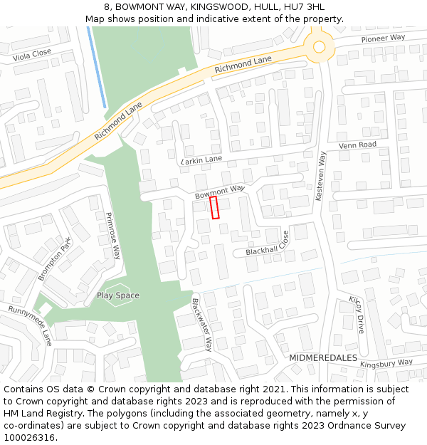 8, BOWMONT WAY, KINGSWOOD, HULL, HU7 3HL: Location map and indicative extent of plot