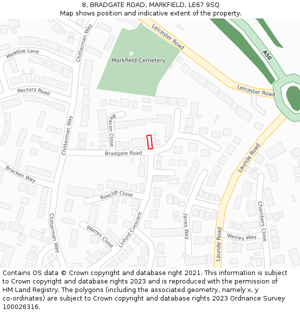 8, BRADGATE ROAD, MARKFIELD, LE67 9SQ: Location map and indicative extent of plot