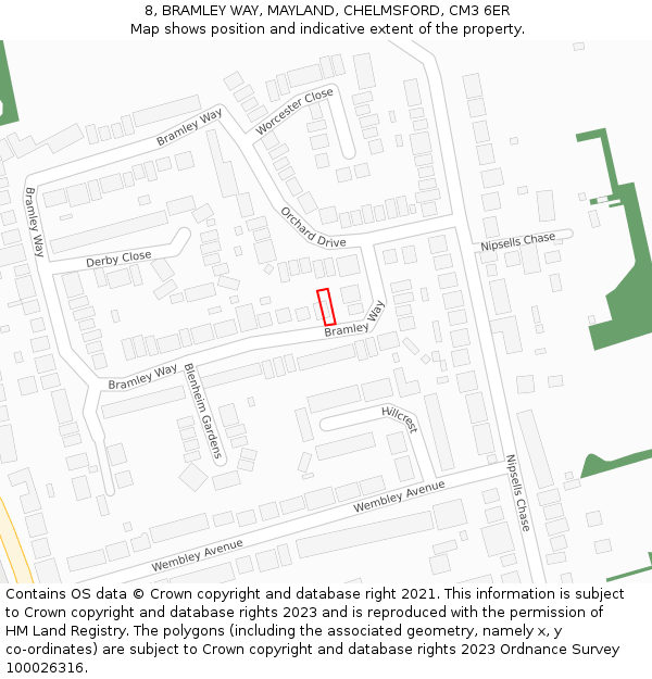 8, BRAMLEY WAY, MAYLAND, CHELMSFORD, CM3 6ER: Location map and indicative extent of plot