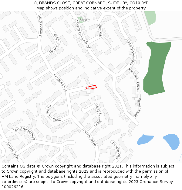 8, BRANDS CLOSE, GREAT CORNARD, SUDBURY, CO10 0YP: Location map and indicative extent of plot