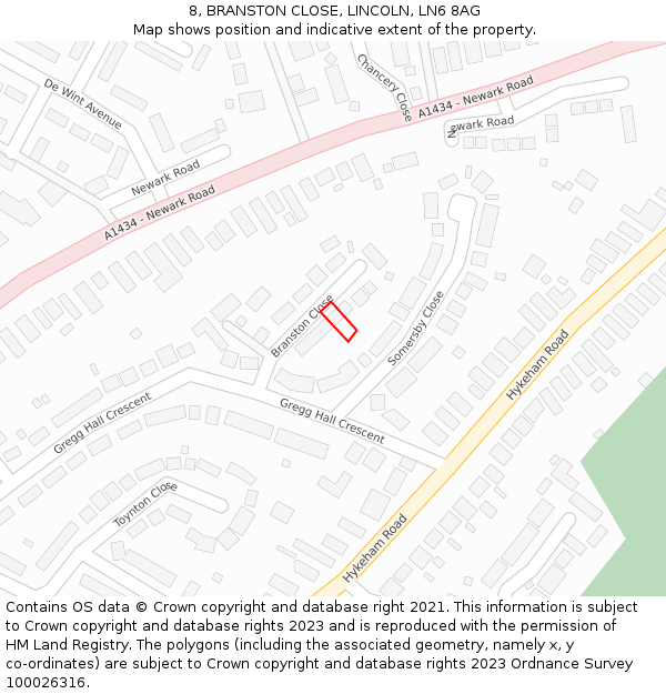 8, BRANSTON CLOSE, LINCOLN, LN6 8AG: Location map and indicative extent of plot