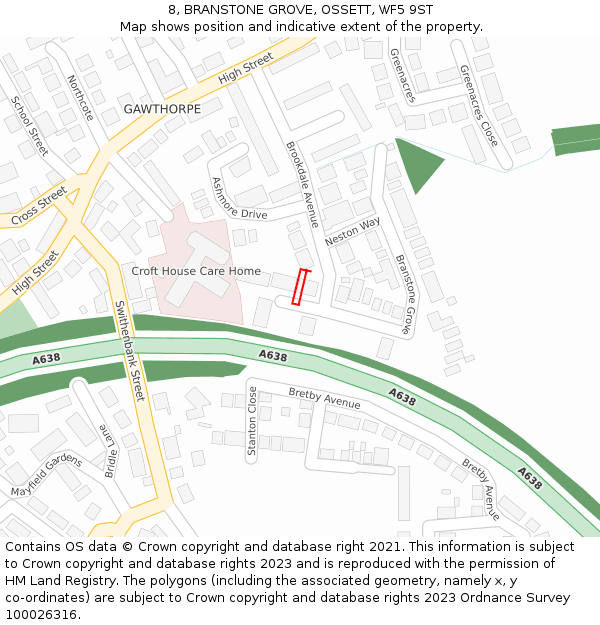 8, BRANSTONE GROVE, OSSETT, WF5 9ST: Location map and indicative extent of plot