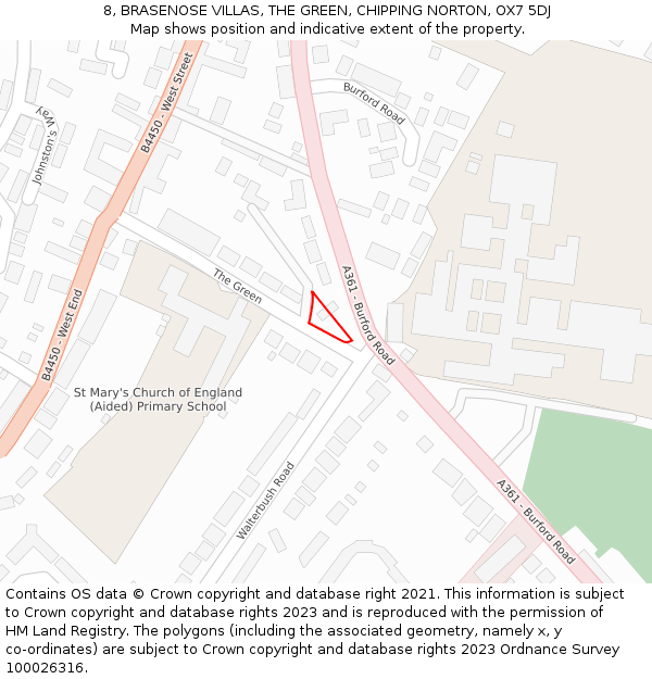 8, BRASENOSE VILLAS, THE GREEN, CHIPPING NORTON, OX7 5DJ: Location map and indicative extent of plot