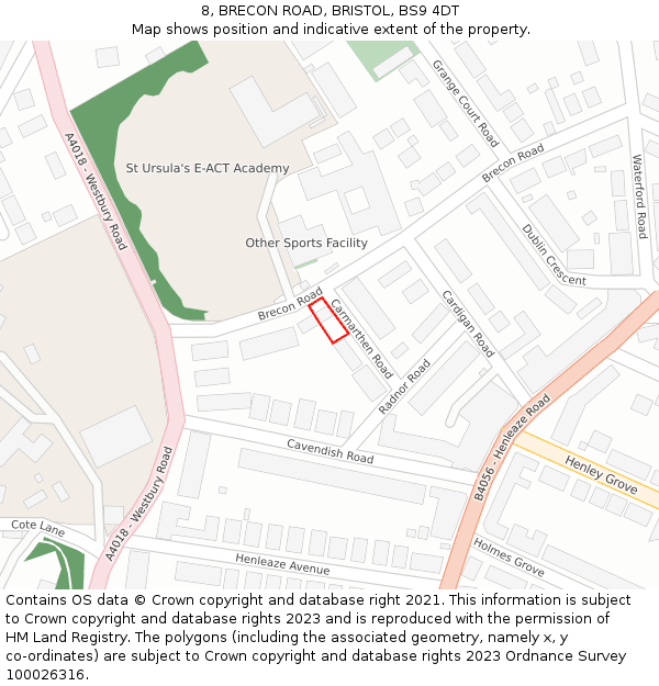 8, BRECON ROAD, BRISTOL, BS9 4DT: Location map and indicative extent of plot