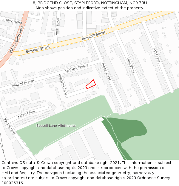 8, BRIDGEND CLOSE, STAPLEFORD, NOTTINGHAM, NG9 7BU: Location map and indicative extent of plot