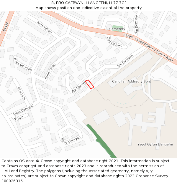 8, BRO CAERWYN, LLANGEFNI, LL77 7GF: Location map and indicative extent of plot