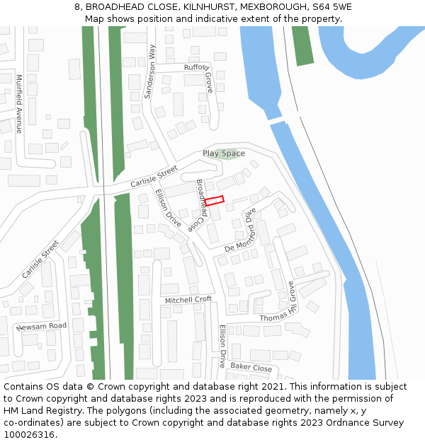 8, BROADHEAD CLOSE, KILNHURST, MEXBOROUGH, S64 5WE: Location map and indicative extent of plot