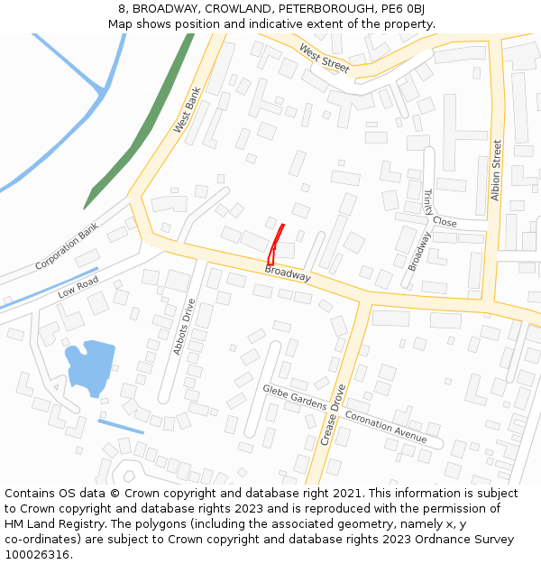 8, BROADWAY, CROWLAND, PETERBOROUGH, PE6 0BJ: Location map and indicative extent of plot