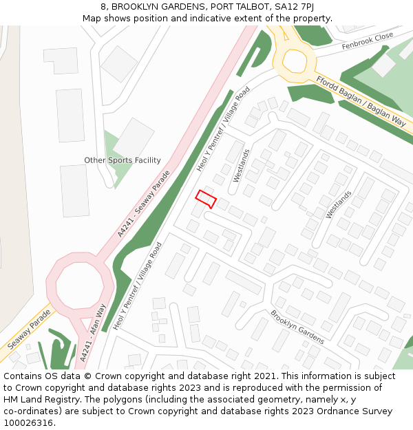 8, BROOKLYN GARDENS, PORT TALBOT, SA12 7PJ: Location map and indicative extent of plot