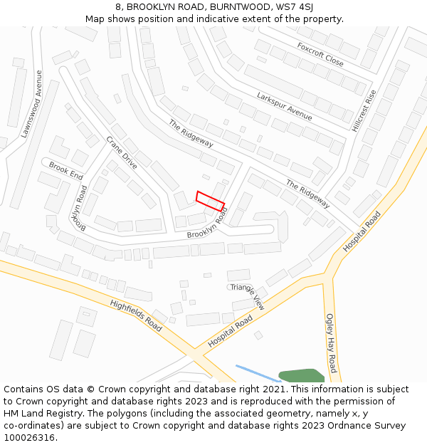 8, BROOKLYN ROAD, BURNTWOOD, WS7 4SJ: Location map and indicative extent of plot