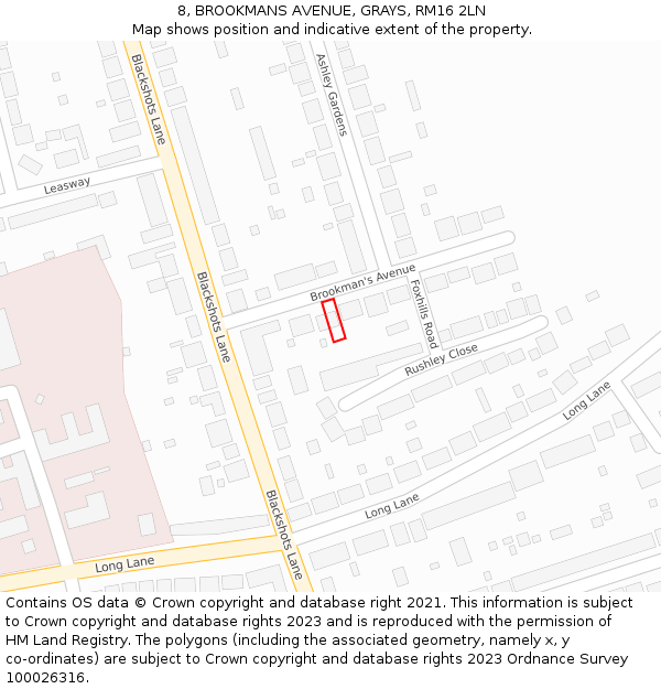 8, BROOKMANS AVENUE, GRAYS, RM16 2LN: Location map and indicative extent of plot