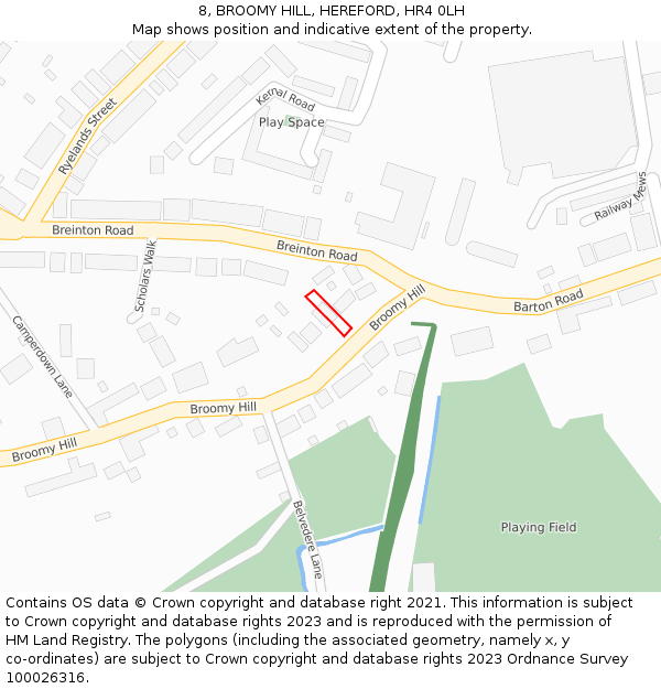 8, BROOMY HILL, HEREFORD, HR4 0LH: Location map and indicative extent of plot