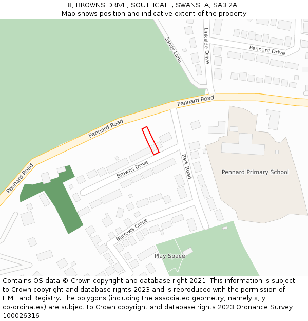 8, BROWNS DRIVE, SOUTHGATE, SWANSEA, SA3 2AE: Location map and indicative extent of plot