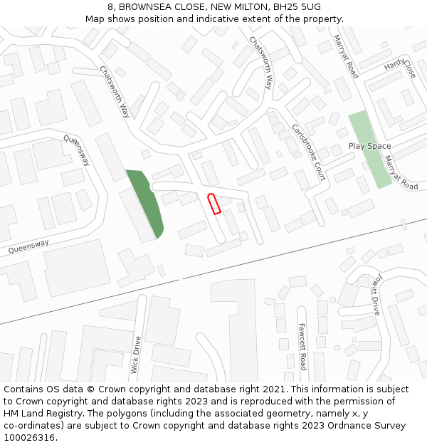 8, BROWNSEA CLOSE, NEW MILTON, BH25 5UG: Location map and indicative extent of plot