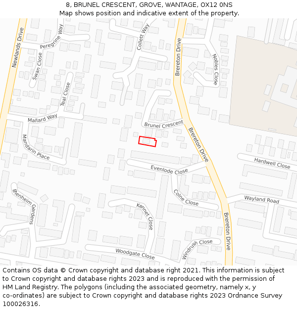 8, BRUNEL CRESCENT, GROVE, WANTAGE, OX12 0NS: Location map and indicative extent of plot