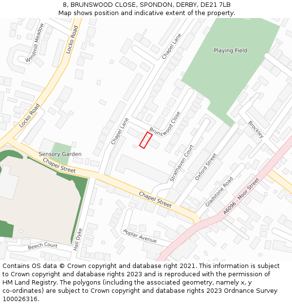 8, BRUNSWOOD CLOSE, SPONDON, DERBY, DE21 7LB: Location map and indicative extent of plot