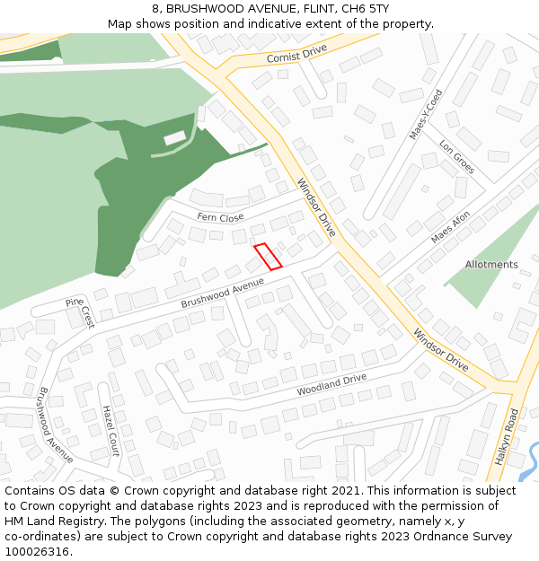 8, BRUSHWOOD AVENUE, FLINT, CH6 5TY: Location map and indicative extent of plot