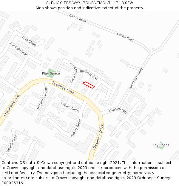 8, BUCKLERS WAY, BOURNEMOUTH, BH8 0EW: Location map and indicative extent of plot