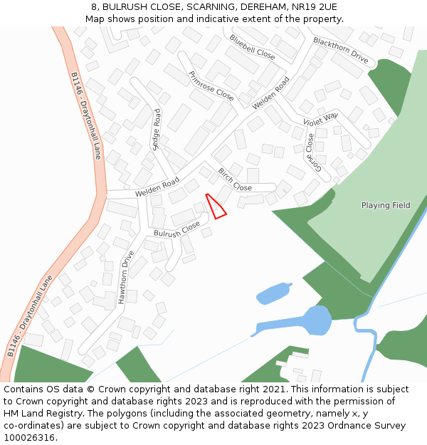 8, BULRUSH CLOSE, SCARNING, DEREHAM, NR19 2UE: Location map and indicative extent of plot