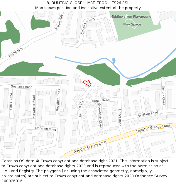 8, BUNTING CLOSE, HARTLEPOOL, TS26 0SH: Location map and indicative extent of plot