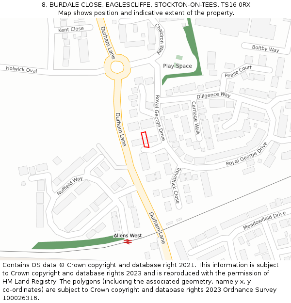 8, BURDALE CLOSE, EAGLESCLIFFE, STOCKTON-ON-TEES, TS16 0RX: Location map and indicative extent of plot