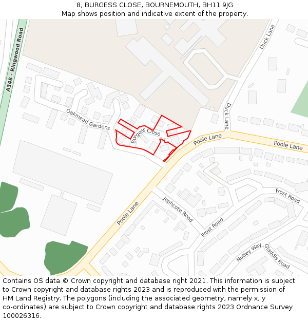 8, BURGESS CLOSE, BOURNEMOUTH, BH11 9JG: Location map and indicative extent of plot