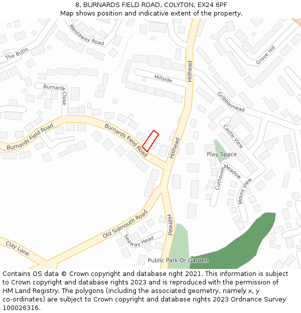 8, BURNARDS FIELD ROAD, COLYTON, EX24 6PF: Location map and indicative extent of plot