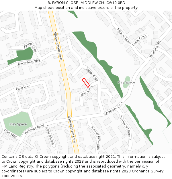 8, BYRON CLOSE, MIDDLEWICH, CW10 0RD: Location map and indicative extent of plot