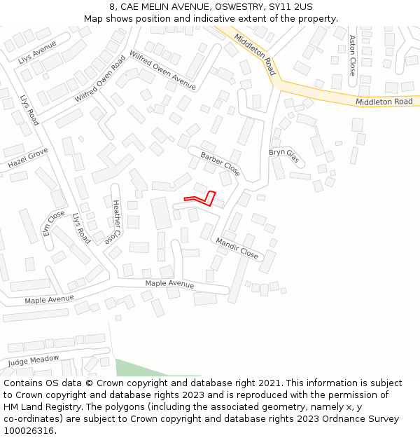 8, CAE MELIN AVENUE, OSWESTRY, SY11 2US: Location map and indicative extent of plot