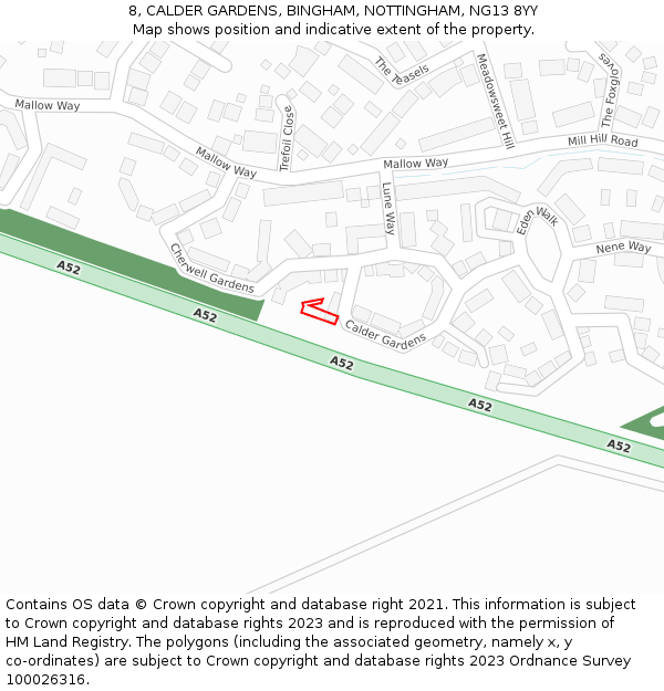 8, CALDER GARDENS, BINGHAM, NOTTINGHAM, NG13 8YY: Location map and indicative extent of plot