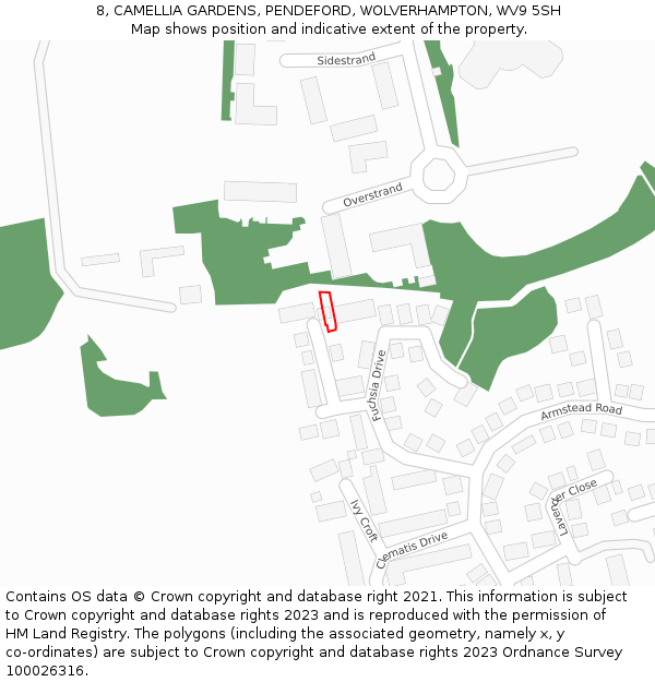 8, CAMELLIA GARDENS, PENDEFORD, WOLVERHAMPTON, WV9 5SH: Location map and indicative extent of plot