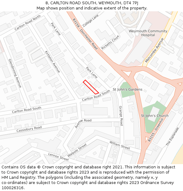 8, CARLTON ROAD SOUTH, WEYMOUTH, DT4 7PJ: Location map and indicative extent of plot
