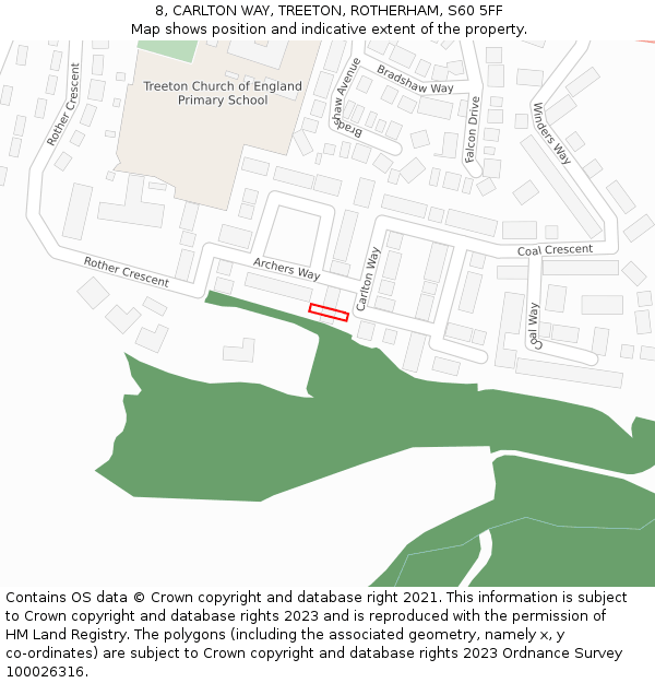 8, CARLTON WAY, TREETON, ROTHERHAM, S60 5FF: Location map and indicative extent of plot