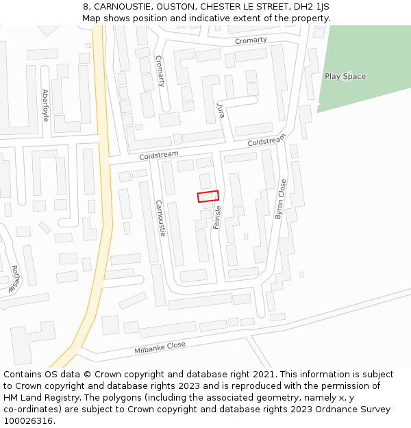 8, CARNOUSTIE, OUSTON, CHESTER LE STREET, DH2 1JS: Location map and indicative extent of plot