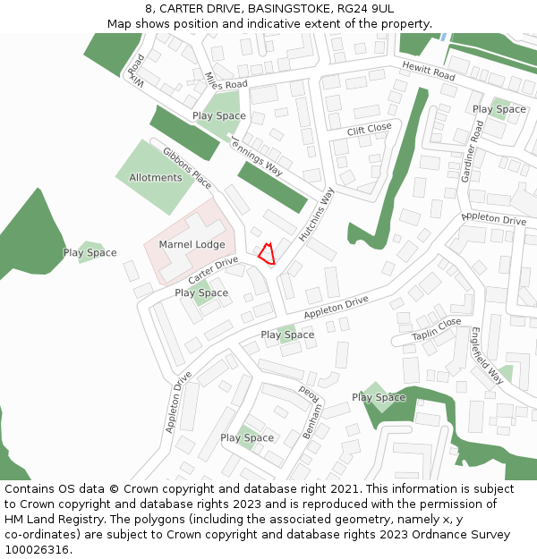 8, CARTER DRIVE, BASINGSTOKE, RG24 9UL: Location map and indicative extent of plot