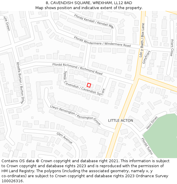 8, CAVENDISH SQUARE, WREXHAM, LL12 8AD: Location map and indicative extent of plot
