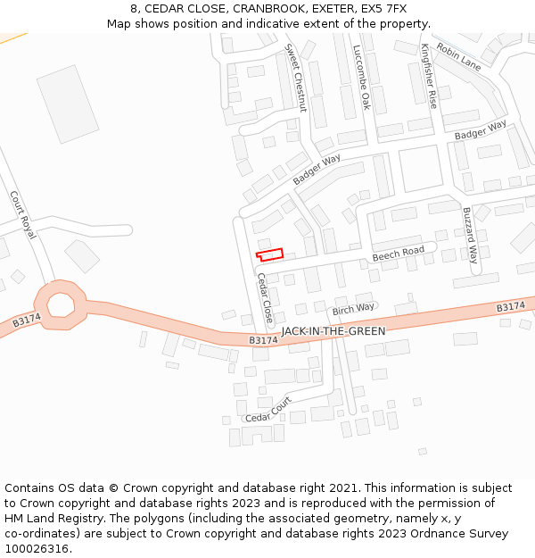 8, CEDAR CLOSE, CRANBROOK, EXETER, EX5 7FX: Location map and indicative extent of plot