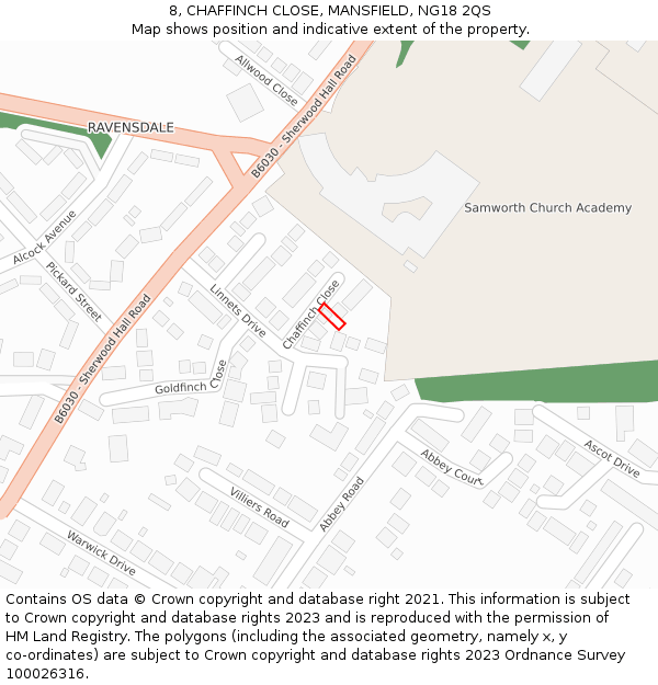 8, CHAFFINCH CLOSE, MANSFIELD, NG18 2QS: Location map and indicative extent of plot