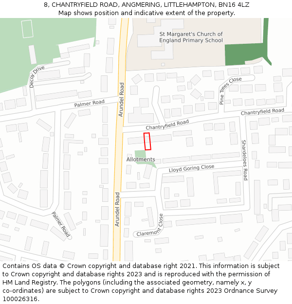 8, CHANTRYFIELD ROAD, ANGMERING, LITTLEHAMPTON, BN16 4LZ: Location map and indicative extent of plot