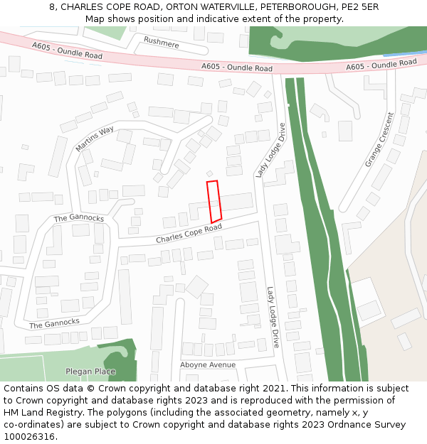 8, CHARLES COPE ROAD, ORTON WATERVILLE, PETERBOROUGH, PE2 5ER: Location map and indicative extent of plot