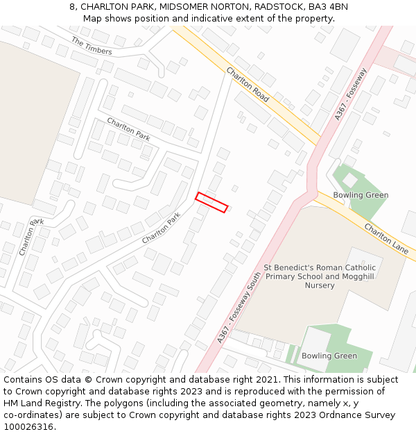 8, CHARLTON PARK, MIDSOMER NORTON, RADSTOCK, BA3 4BN: Location map and indicative extent of plot