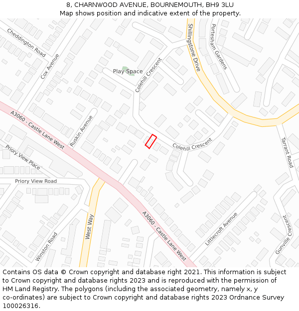 8, CHARNWOOD AVENUE, BOURNEMOUTH, BH9 3LU: Location map and indicative extent of plot
