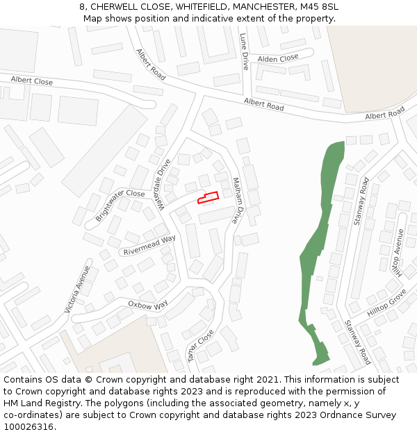 8, CHERWELL CLOSE, WHITEFIELD, MANCHESTER, M45 8SL: Location map and indicative extent of plot