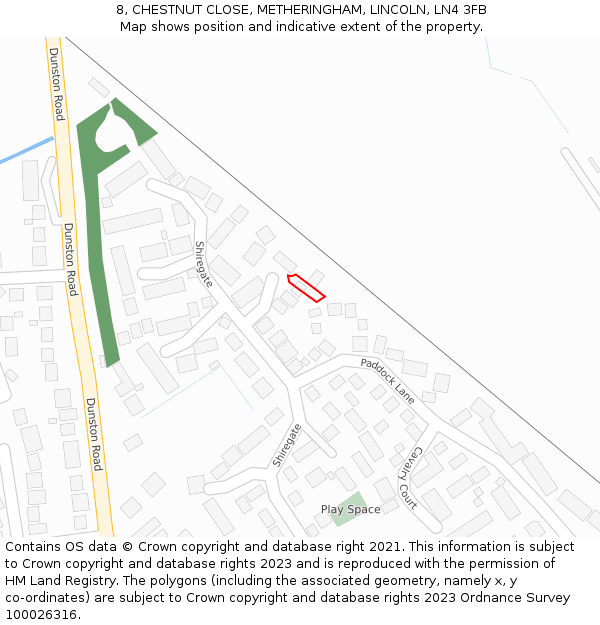 8, CHESTNUT CLOSE, METHERINGHAM, LINCOLN, LN4 3FB: Location map and indicative extent of plot