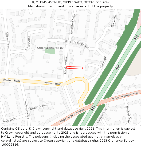 8, CHEVIN AVENUE, MICKLEOVER, DERBY, DE3 9GW: Location map and indicative extent of plot
