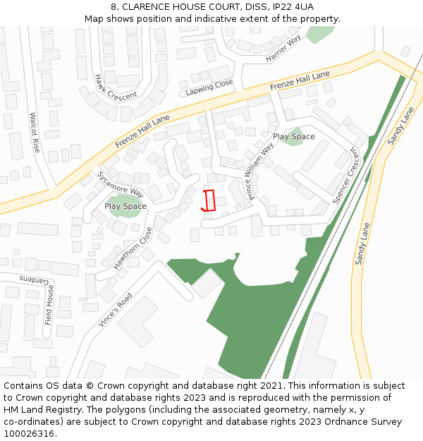 8, CLARENCE HOUSE COURT, DISS, IP22 4UA: Location map and indicative extent of plot