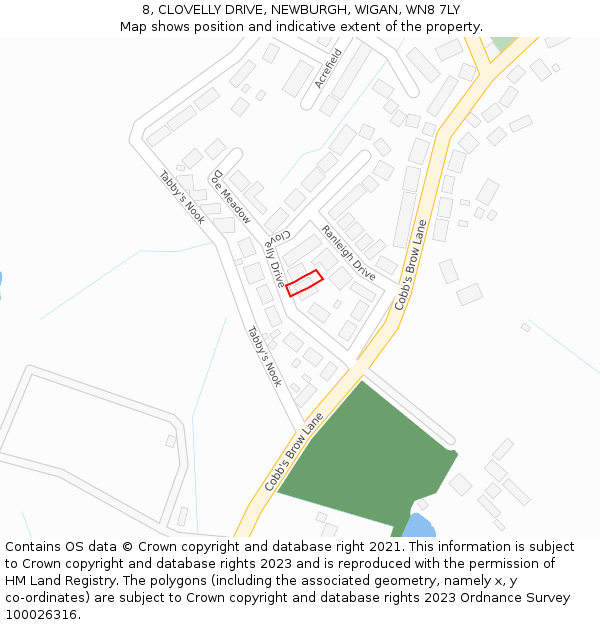 8, CLOVELLY DRIVE, NEWBURGH, WIGAN, WN8 7LY: Location map and indicative extent of plot