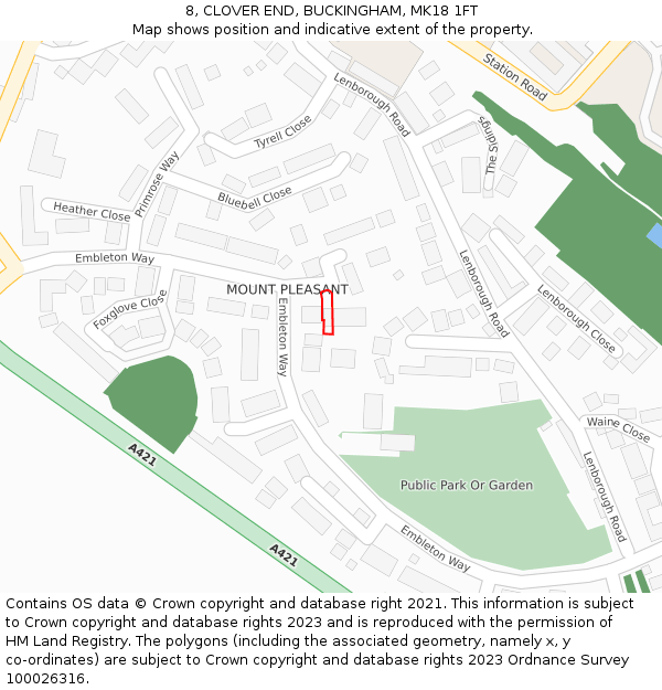 8, CLOVER END, BUCKINGHAM, MK18 1FT: Location map and indicative extent of plot