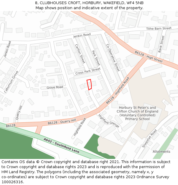 8, CLUBHOUSES CROFT, HORBURY, WAKEFIELD, WF4 5NB: Location map and indicative extent of plot