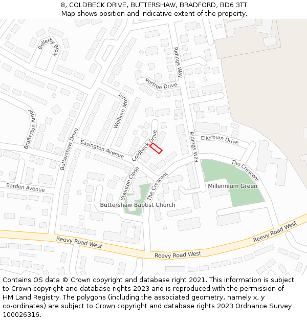 8, COLDBECK DRIVE, BUTTERSHAW, BRADFORD, BD6 3TT: Location map and indicative extent of plot